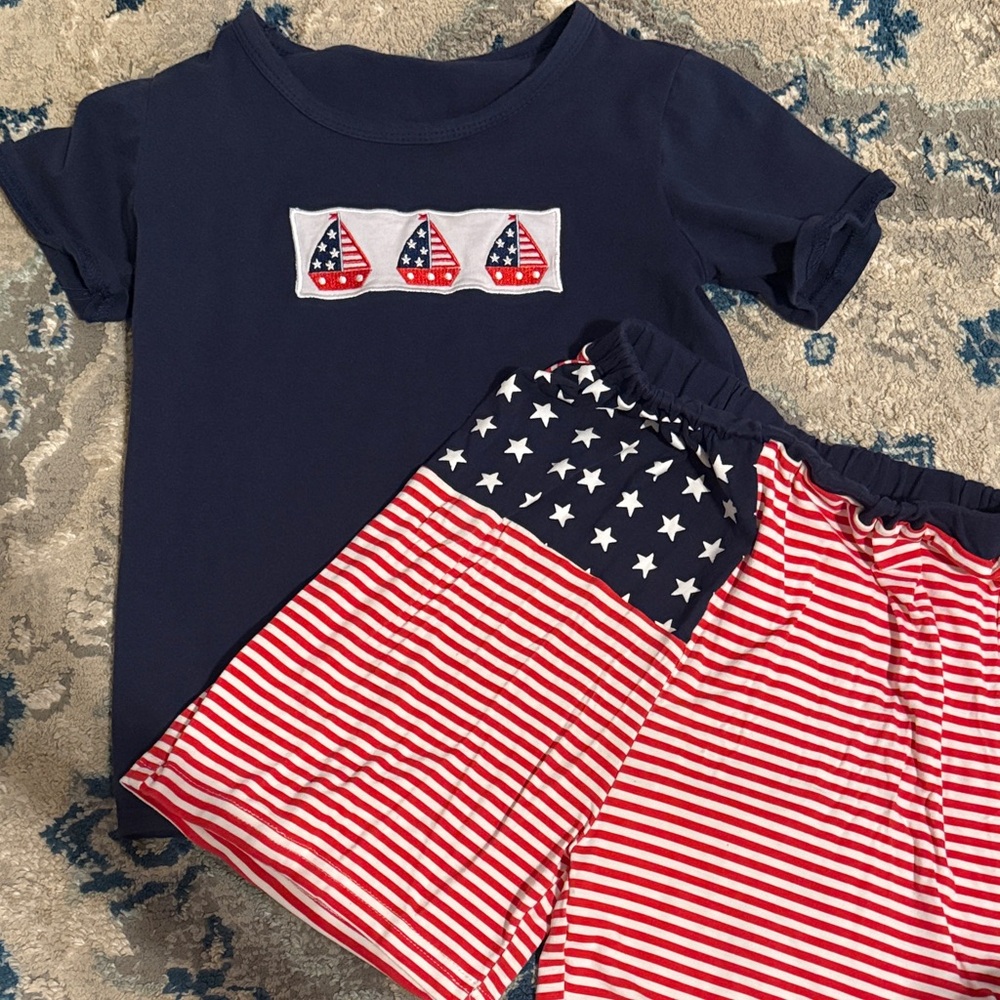 Navy Embroidered Sailboat Shirt and Patriotic Shorts Set